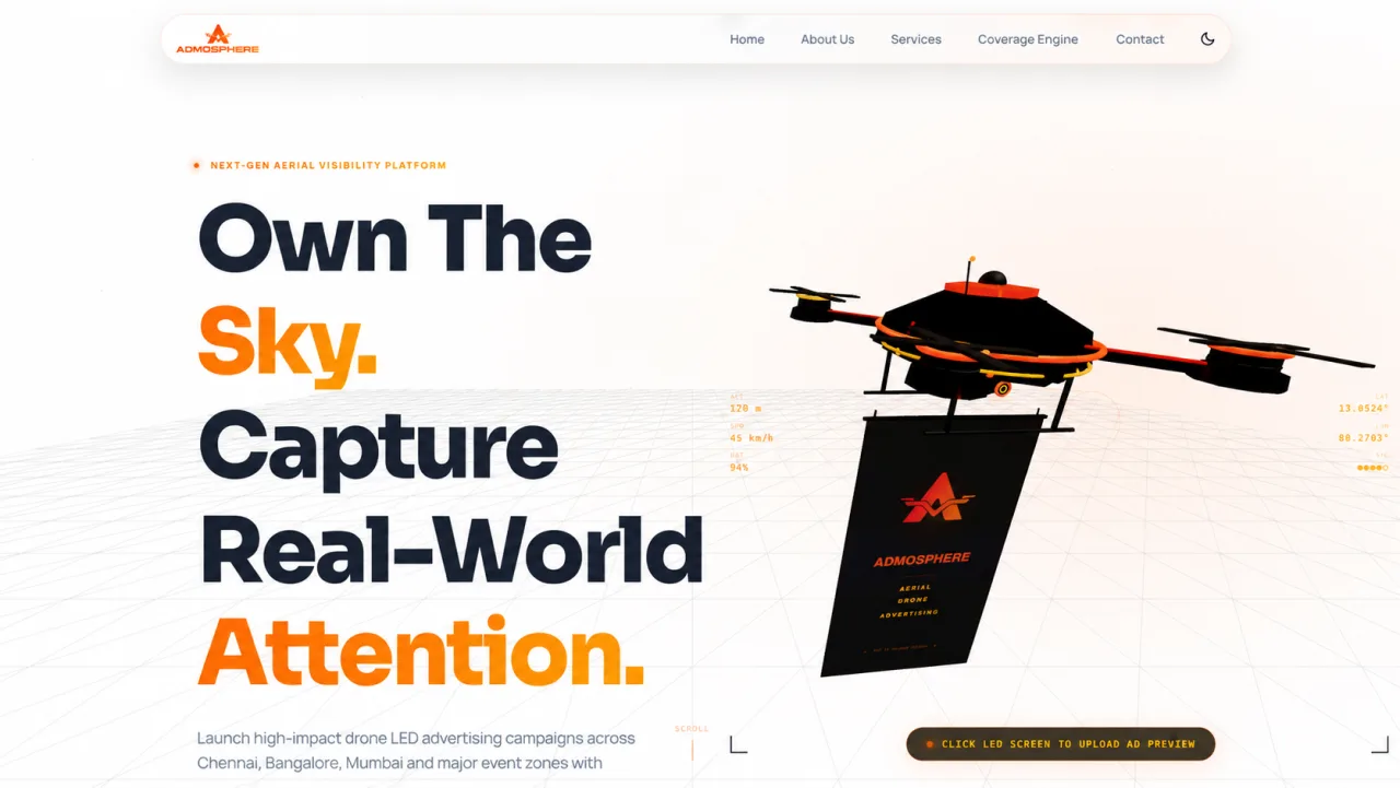 Admosphere aerial drone advertising website homepage